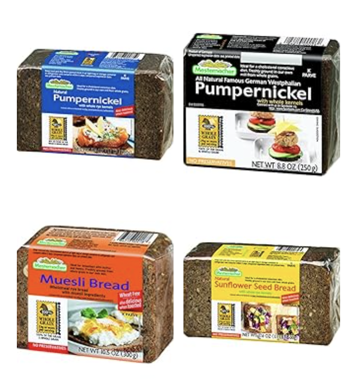 Slice of Mestemacher Low-Calorie Bread on a wooden cutting board, showcasing its hearty texture and whole grain ingredients, ideal for healthy meals and snacks